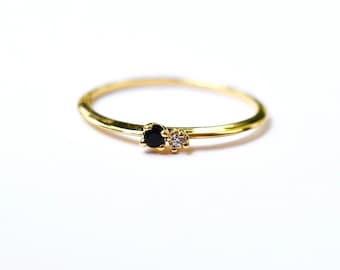 Natural Black and White Diamond Ring . Diamond Stacking Ring . 14k Gold . Minimal Ring . Dainty Ring . Solid 14k Yellow White Gold . Polamai