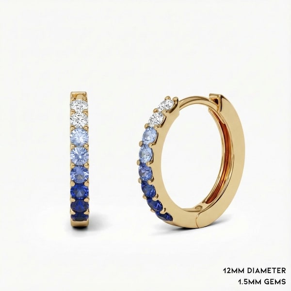 Natural Diamond and Ombre Blue Sapphire Hoops 12mm 14k or 18k Solid Gold