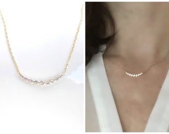 Diamond Necklace . 9 Diamond Curved Necklace 18k Yellow Rose or White Gold . Layering Necklace . Diamond Curve Necklace . Minimal Jewelry