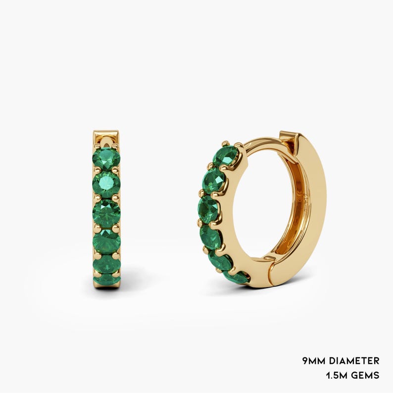 1.5mm Natural Emerald Hoop Earrings 9mm 12mm 15mm. 14k 18k Yellow White or Rose Gold . Emerald Huggie Earrings . Small Hoop Earrings Polamai image 4