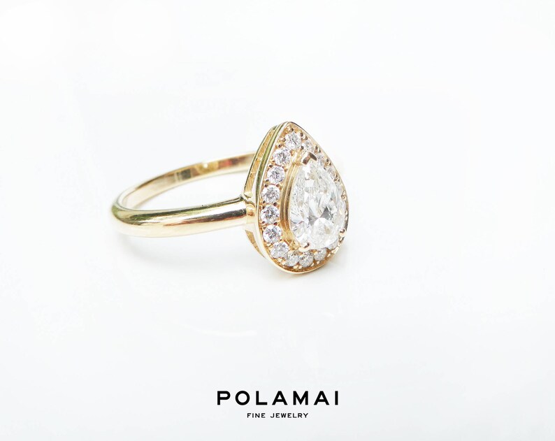 Pear Diamond Engagement Ring . Pear Cut Diamond Ring Halo . Certified . Yellow Rose White Gold . 14k 18k . Wedding Ring . Polamai image 1
