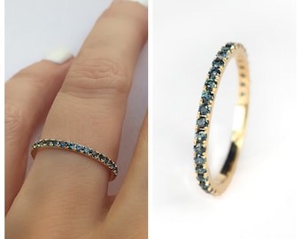 Teal Blue Sapphire Ring . Sapphire 3/4 Eternity Band . Sapphire Wedding Band . Teal Stacking Band . 14k 18k Yellow Rose White Gold Polamai