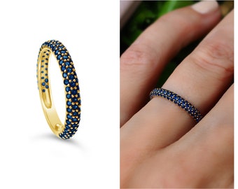 3 Row Blue Sapphire Eternity Band 2.7mm Width . 18k 14k Wedding Band . Sapphire Wedding Band . Stacking Band . Yellow White Rose Gold