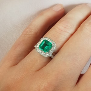 Natural Emerald Engagement Ring with Diamond Halo Border . 1.60 ctw. Emerald Cut . Earth Mined . Yellow White Rose Gold Platinum 950 image 7