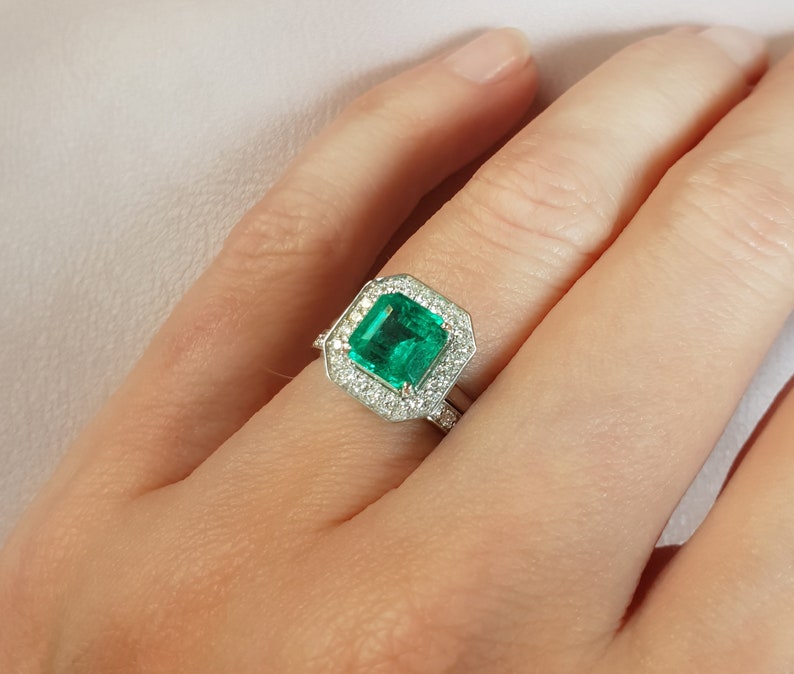 Natural Emerald Engagement Ring with Diamond Halo Border . 1.60 ctw. Emerald Cut . Earth Mined . Yellow White Rose Gold Platinum 950 image 7