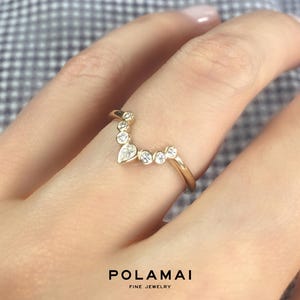 Diamond Nesting Wedding Band . Matching Wedding Ring. Pear and Round Diamond Crown Ring . Yellow Rose White 14k 18k Gold . Polamai image 2