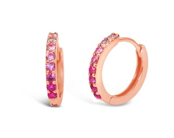 Pink Ombre Sapphire Hoop Earrings 12mm . 14k 18k Yellow White or Rose Gold . Blue Sapphire Ombre Huggie Earrings . Small Hoop Earrings