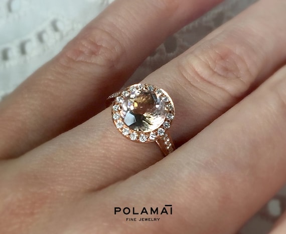 Doves Morganite 18K Pink Rose Gold Diamond Oval Halo Ring – NAGI