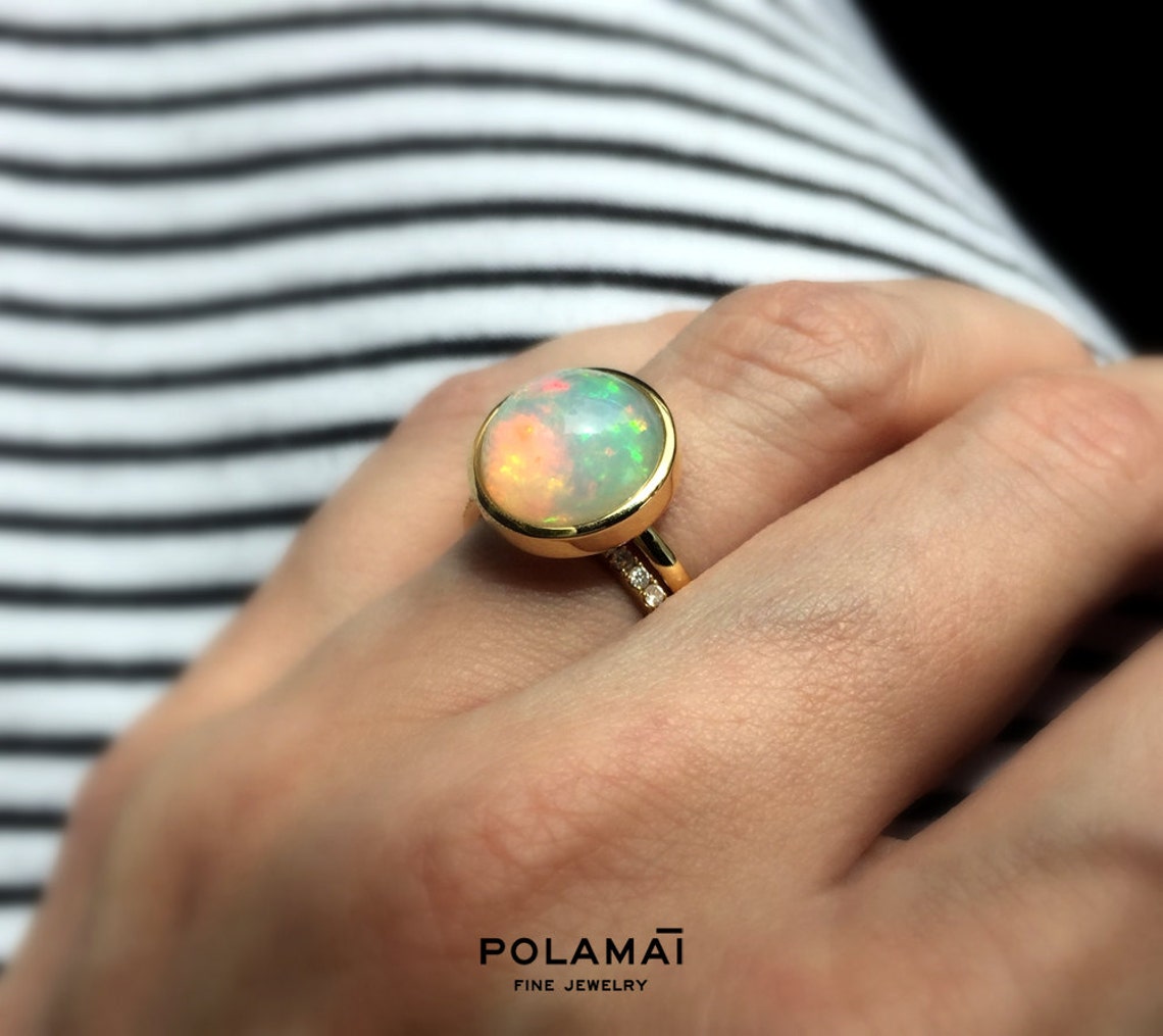 Large Round Opal Ring 11mm 14k Solid Gold . Large AAA Bezel Etsy