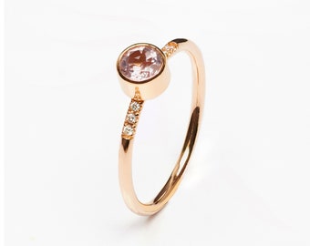 Morganite Engagement Ring with Diamonds. Bezel Set Round Morganite . Stacking Ring Yellow Rose White Gold 14k 18k . Polamai