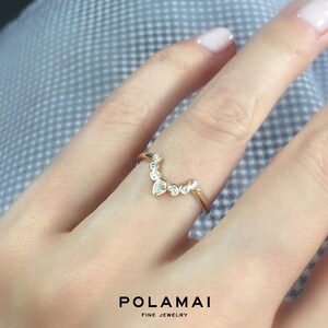 Diamond Nesting Wedding Band . Matching Wedding Ring. Pear and Round Diamond Crown Ring . Yellow Rose White 14k 18k Gold . Polamai image 3