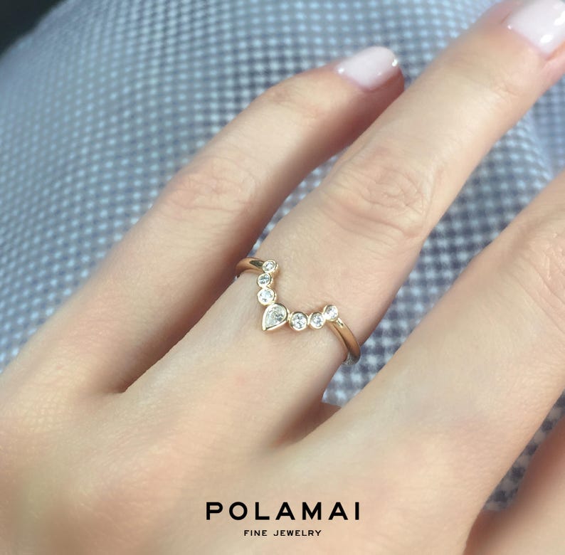 Diamond Nesting Wedding Band . Matching Wedding Ring. Pear and Round Diamond Crown Ring . Yellow Rose White 14k 18k Gold . Polamai image 3