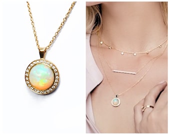 Opal and Diamond Round Pendant Necklace. Yellow White or Rose Gold . Polamai