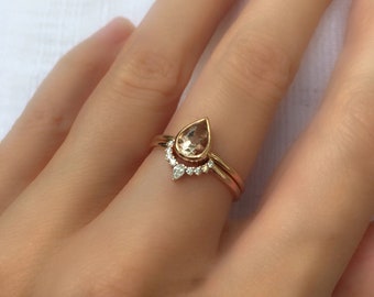 Morganite Pear Ring and Matching Diamond Nesting Ring . 14k 18k . Engagement Ring . Wedding Set . Yellow White Rose Gold . Polamai