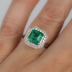 Natural Emerald Engagement Ring with Diamond Halo Border . 1.60 ctw. Emerald Cut . Earth Mined . Yellow White Rose Gold Platinum 950 image 3