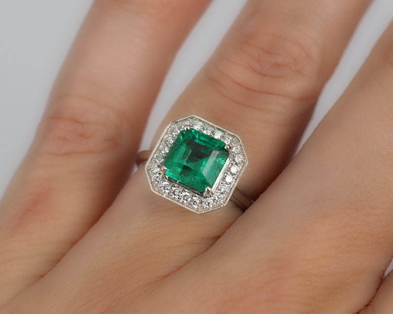 Natural Emerald Engagement Ring with Diamond Halo Border . 1.60 ctw. Emerald Cut . Earth Mined . Yellow White Rose Gold Platinum 950 image 3