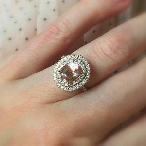 Large Natural Morganite Engagement Ring . Oval Morganite Natural Diamond Double Halo Ring .  14k 18k Yellow White Rose Gold . Polamai