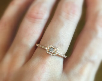 3 Diamond Baguette Ring 18k Gold . Engagement Stacking Solitaire Ring . Halo . Solid Yellow White Rose Gold . Polamai