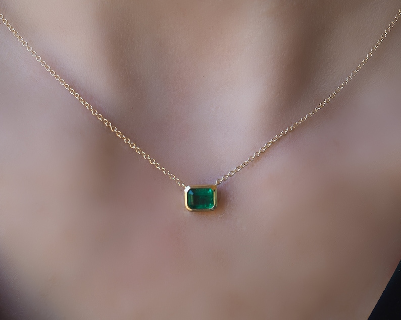 Natural Emerald Necklace. Bezel Set Octagonal Zambian Emerald . 18k 14k White Rose Yellow Gold Emerald Necklace . Emerald Pendant Polamai image 2