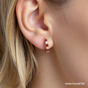 2.2mm Natural Diamond & Ruby Hoop Earrings . 14k 18k Solid Gold . 9mm 12mm 15mm Ruby and Diamond Huggie Hoops . July Birthstone Earrings