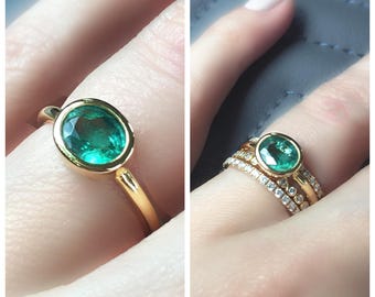 Emerald Ring . Bezel Set Oval Cut Natual Zambian Emerald Ring . Emerald Engagement Ring. Stacking Ring. 14k 18k Solid Gold Yellow Rose White