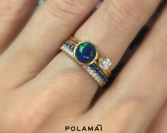 Black Opal Ring 14k 7mm Opal Stacking Ring . Round Opal Bezel Set . Yellow White Rose Solid Gold . Polamai