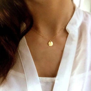 Gold Disc Necklace 18k Solid Gold 9.4mm . Gold Circle Necklace . Letter Engraved Disc . Dot Round Gold Charm Yellow White Rose Gold Polamai