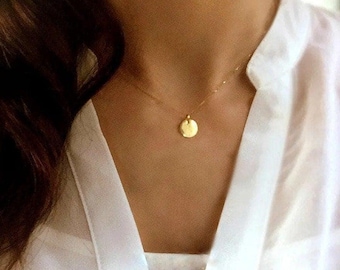 Gold Disc Necklace 18k Solid Gold 9.4mm . Gold Circle Necklace . Letter Engraved Disc . Dot Round Gold Charm Yellow White Rose Gold Polamai