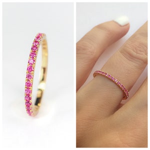 Unique Vintage Eternity Diamond Ring With Pink Sapphire In 18K White Gold