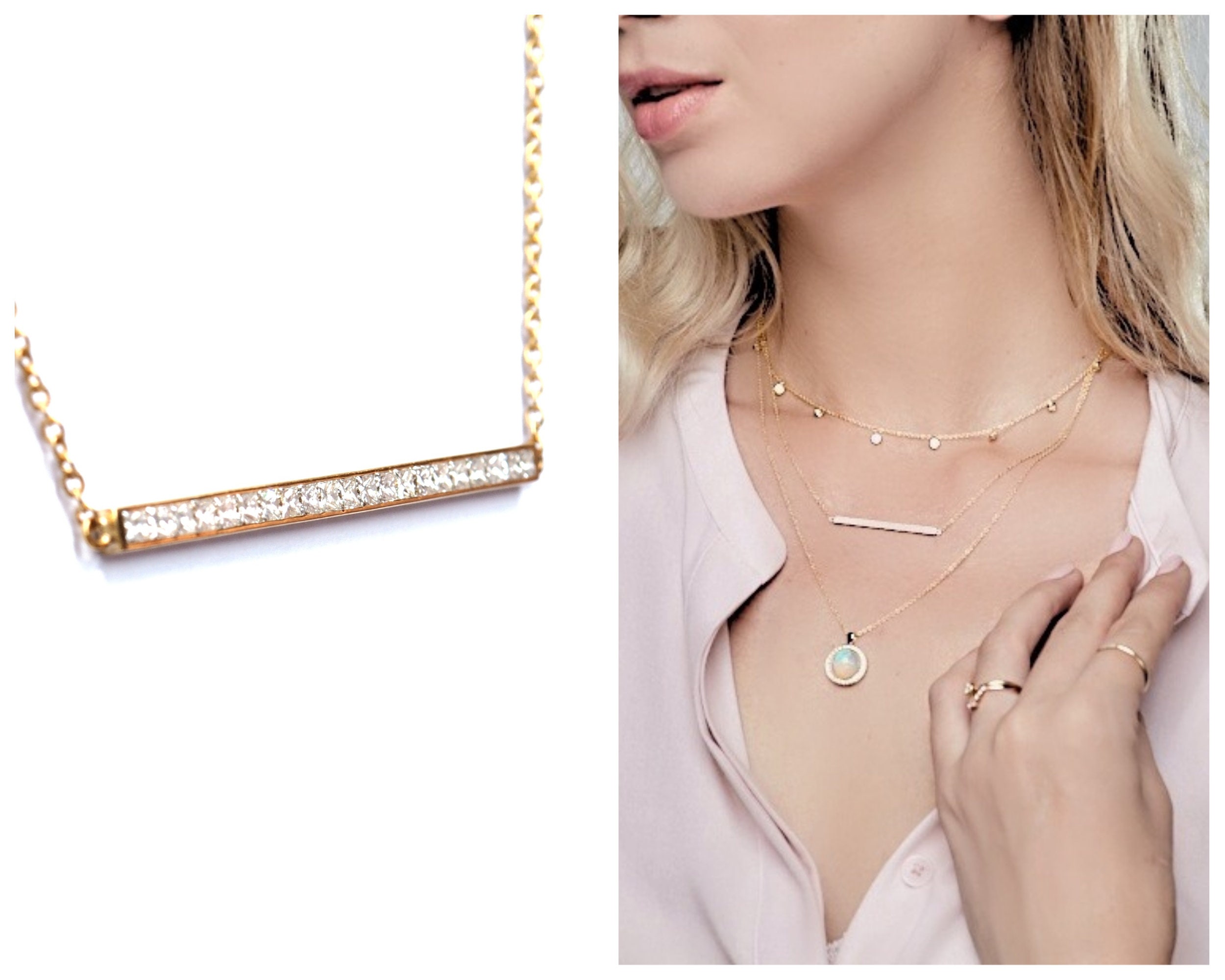 Princess Cut Diamond Bar Necklace. 18k 