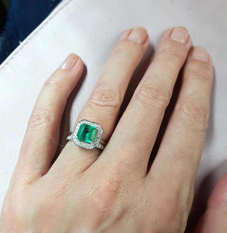 Natural Emerald Wedding Ring Set With Diamond Halo . Emerald Etsy