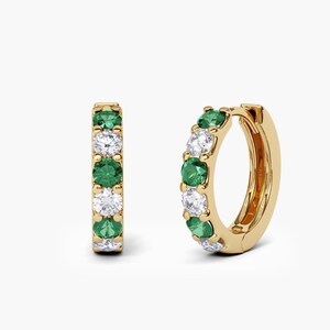 2.2mm Natural Diamond & Emerald Hoop Earrings . 14k 18k Solid Gold . 9mm 12mm 15mm Natural Emerald and Diamond Huggie Hoops May Birthstone