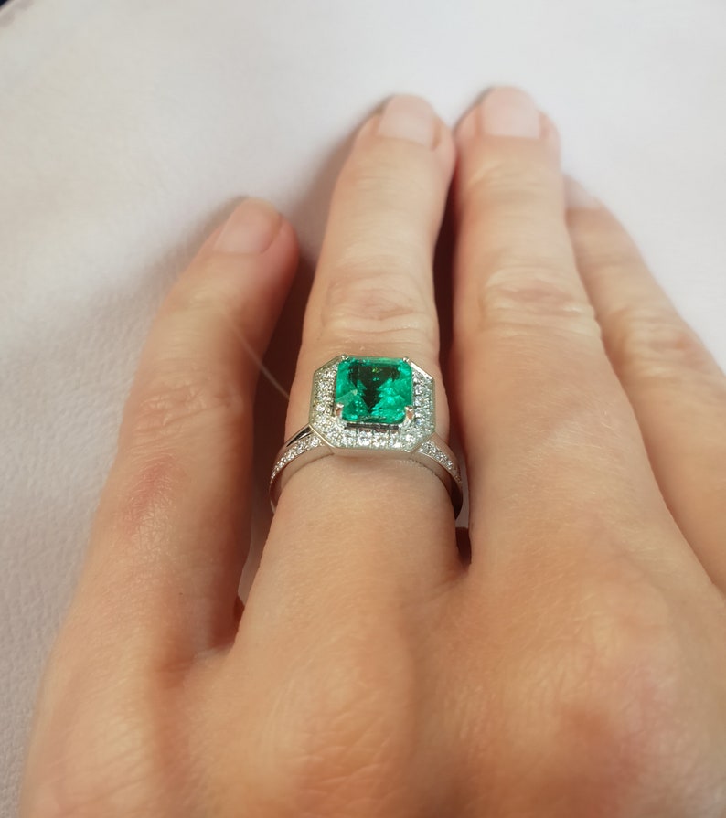 Natural Emerald Engagement Ring with Diamond Halo Border . 1.60 ctw. Emerald Cut . Earth Mined . Yellow White Rose Gold Platinum 950 image 8