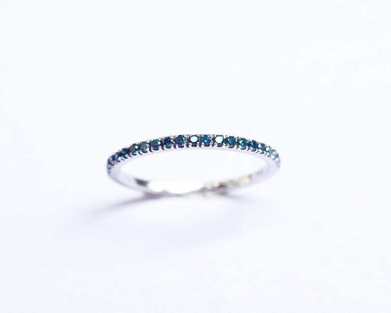 Blue Diamond Eternity Ring 18k 14k . Full or Half Eternity Band . Wedding Band Micro Pave Ring . Solid Yellow White Gold . Polamai image 3