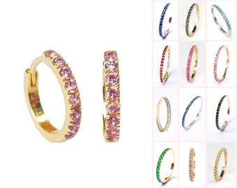 14k 18k Gold Huggie Hoop Earrings 12mm . Choose your Gemstone . Pink Peach Teal Blue Sapphire . Ruby Emerald. Black Diamond Blue Diamond