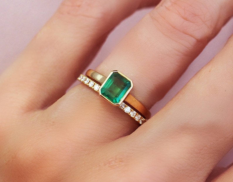 Natural Zambian Emerald Ring 14k 18k Yellow White or Rose Gold . Bezel Set Emerald Cut Ring . Baguette . Engagement Stacking Anniversary image 2