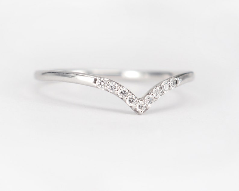 Diamond Dip Ring Stackable Diamond Ring US Sizes 5 to 8 Diamond V Ring Chevron Wedding Band Ready to Ship 14k White Gold Polamai