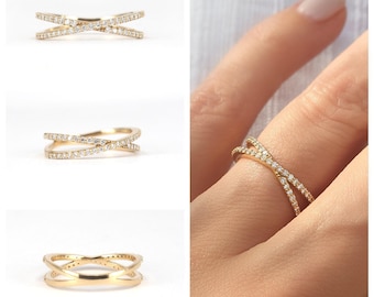 Diamond Crossover Ring . Crossover Eternity Ring . Double Eternity Ring . Diamond Cross Ring . 14k 18k Yellow White Rose Gold Platinum