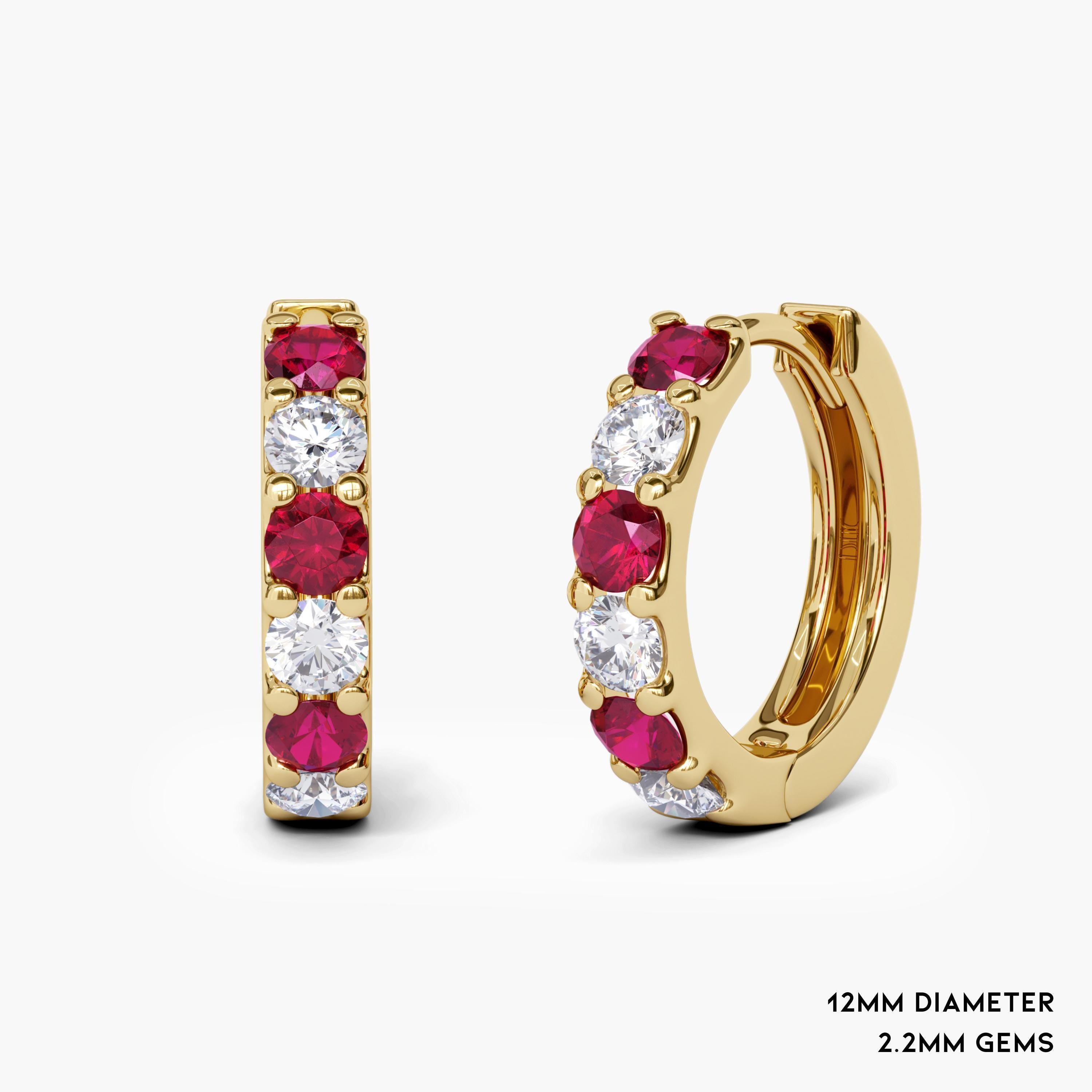 2.2mm天然ダイヤモンド＆ルビーフープピアス。14K 18Kソリッドゴールド 