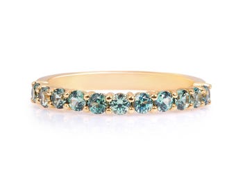 Natural Teal Blue Sapphire Shared Prong Ring 2.4mm . 14k 18k Gold . Teal Sapphire Wedding Band . Green Blue Sapphire Eternity Ring