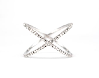 Wide Diamond Cross Ring . Criss Cross Diamond Eternity Band . X Ring . Wide Double Eternity Band . 14k 18k Yellow White Rose Gold Platinum