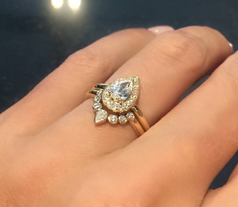 Pear Diamond Engagement Ring Set . Pear Cut Diamond Ring Halo w Matching Nesting Ring . Yellow Rose White Gold . 14k 18k . Wedding . Polamai image 2