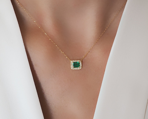 Natural Emerald Necklace With Diamond Halo . Zambian Emerald