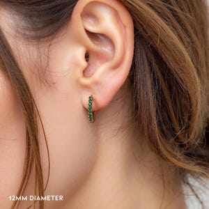 1.5mm Natural Emerald Hoop Earrings 9mm 12mm 15mm. 14k 18k Yellow White or Rose Gold . Emerald Huggie Earrings . Small Hoop Earrings Polamai image 6