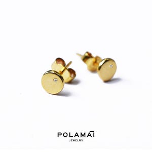 Diamond Set Pebble Earrings 5mm 14k Solid Gold. Disc Circle Diamond Studs . Solid Yellow Rose White Gold . Polamai