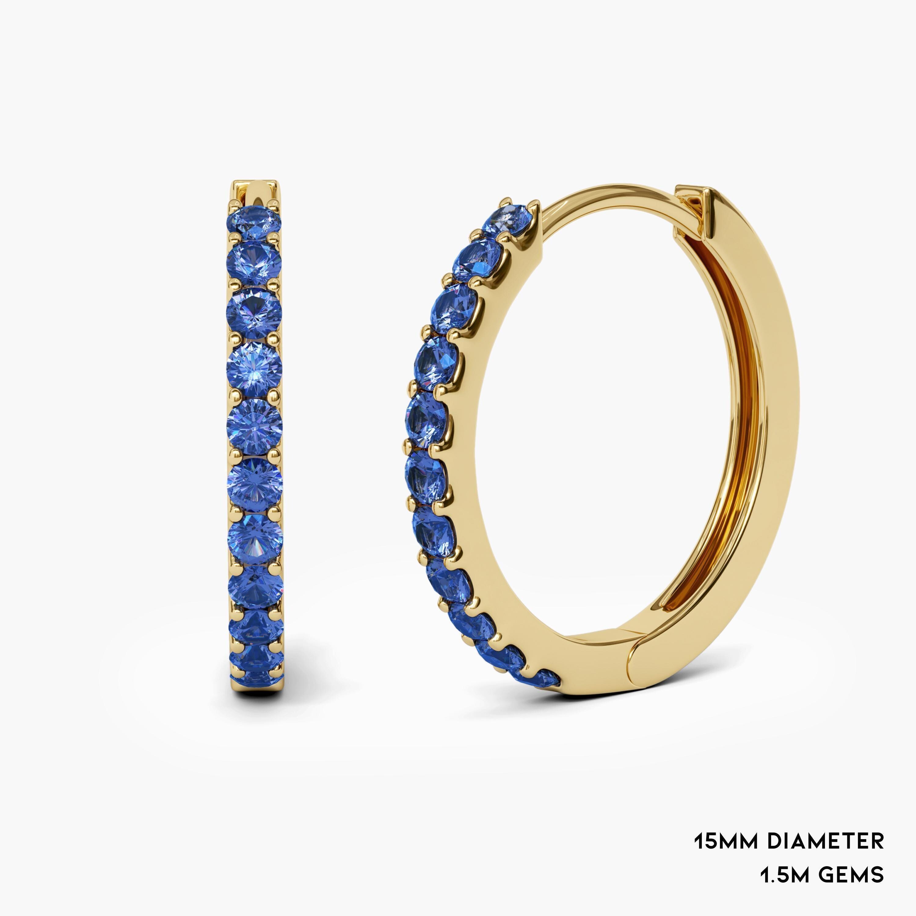 1.5 mm天然コーンフラワーブルーサファイアフープピアス。14k 18k