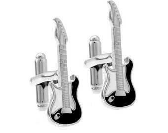 Electric Guitar Cufflinks Rock Music Musician Player Black White Enamel Groom Groomsmen Wedding Father's Day Gift