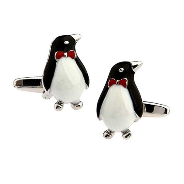 Penguin Cufflinks Cute Red Bow Tie Black White Enamel Groom Best Man Groomsmen Wedding Father's Day Gift