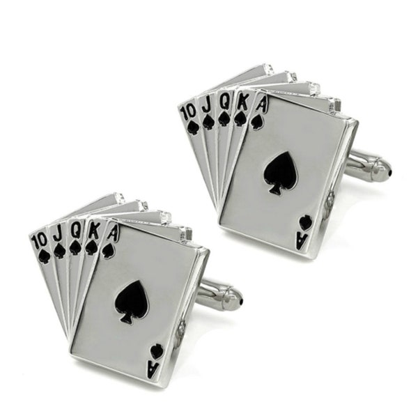 Royal Flush Cufflinks Groom Best Man Groomsmen Wedding Father's Day Gift Lucky Poker Cards Black Enamel