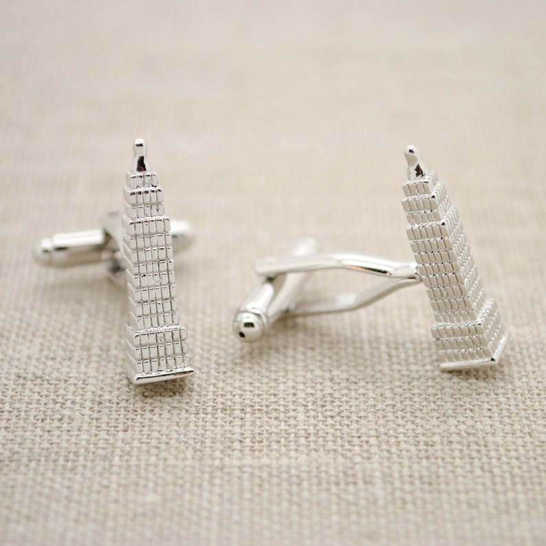 Empire State Building Cufflinks Enamel Silver Tone Skyscraper New York Wedding Groom Best Man Gift